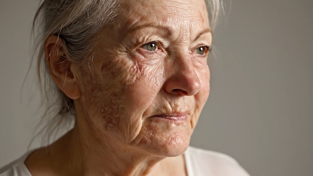 Close-up portrait of a mature woman with visible fine lines, wrinkles, and natural skin aging