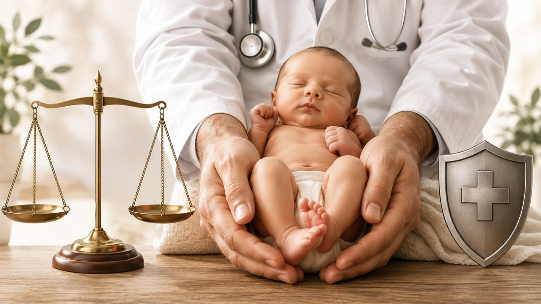 Newborn baby safely held by a physician beside balanced scales and a medical shield, illustrating thoughtful medical decision-making about circumcision.