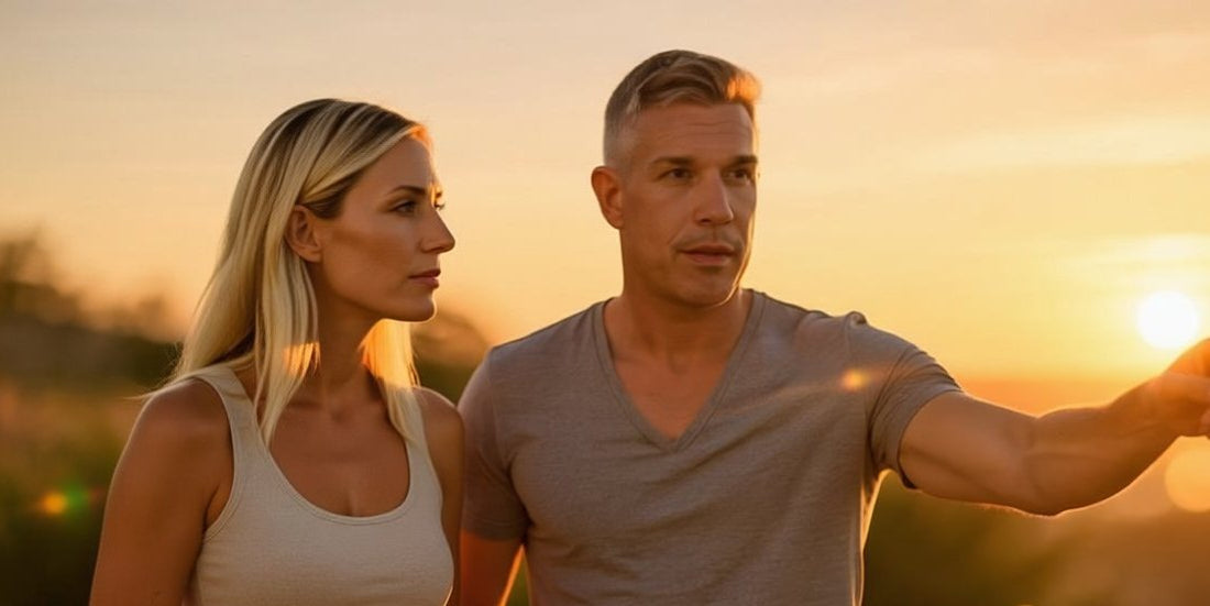 Couple outdoors at golden hour enjoying healthy active skin in warm sunlight