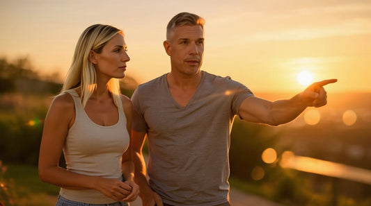 Couple standing outdoors at golden hour with warm sunset light — healthy active lifestyle