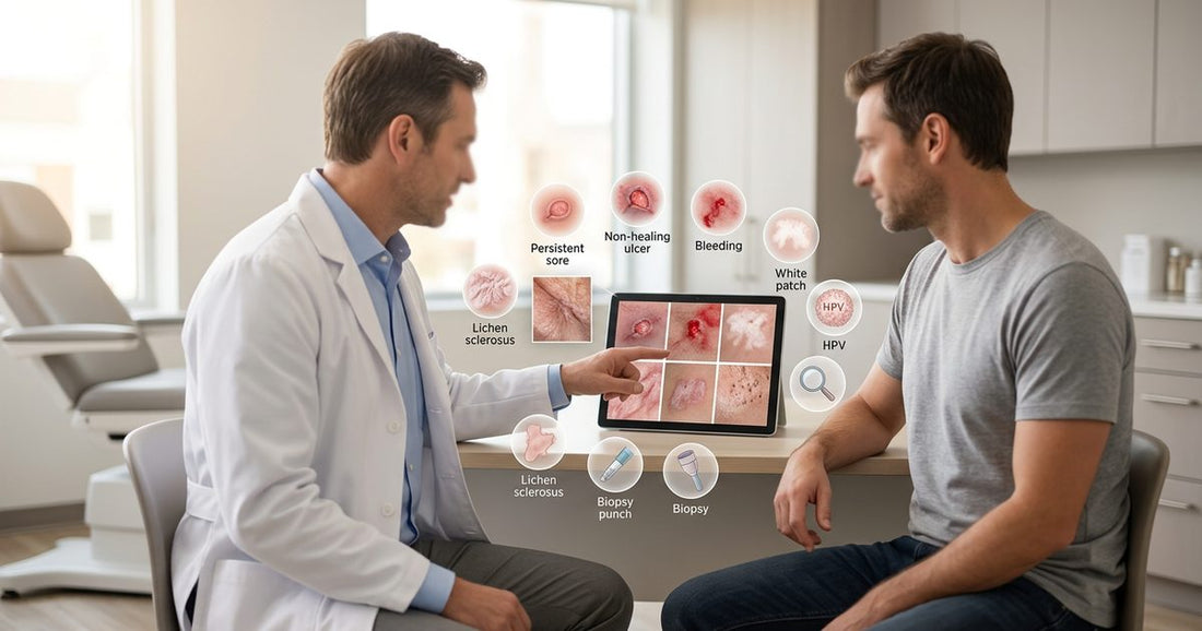 Dermatologist reviewing penile skin condition warning signs with male patient on tablet — persistent sore, non-healing ulcer, bleeding, white patch, HPV, lichen sclerosus, biopsy — Dr. Bibi Organics