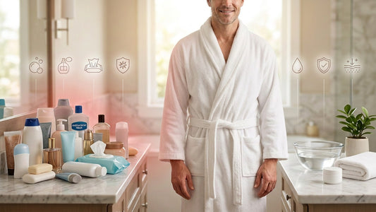 Minimalist men's intimate skincare concept comparing an overcrowded cleansing routine with a simple routine using water, a towel, and moisturizer to support healthy penile skin.
